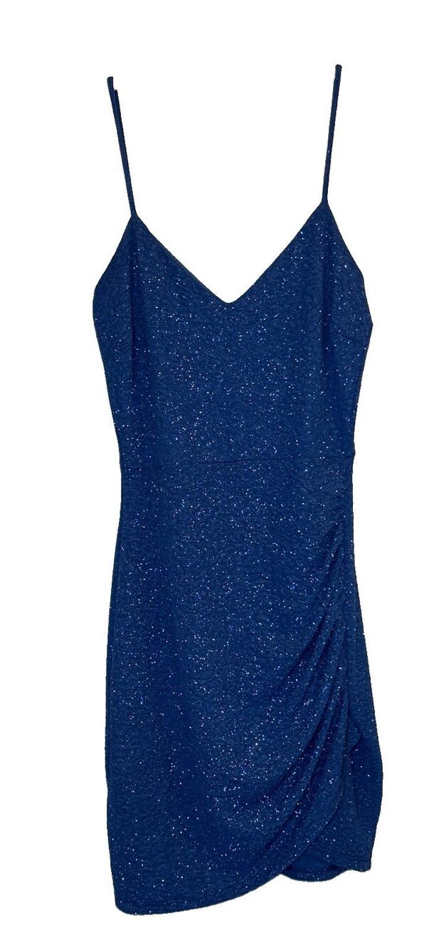 Windsor Women’s M Blue Glitter Bodycon Mini Dress Ruched Rhinestone Strappy
